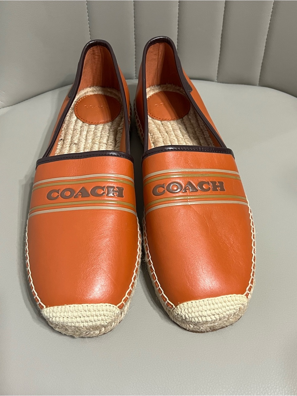 COACH Orange Leather Slip-On Espadrilles with Logo Stripe